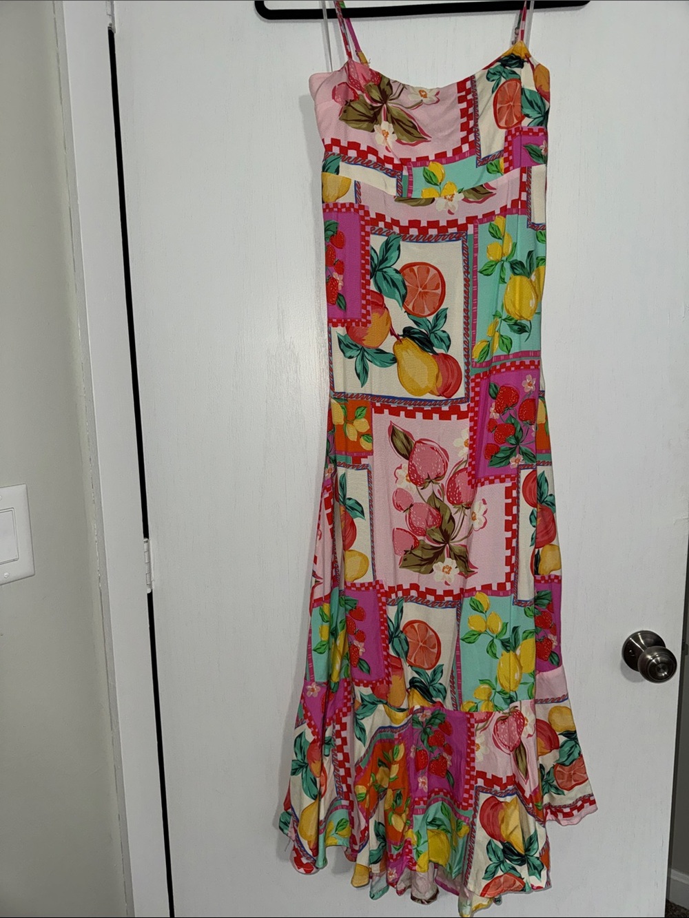 Pink Fruit-Print Maxi Dress with Spaghetti Straps